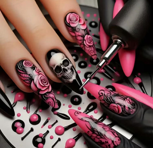 24 pcs Festive Women'S Almond-Shaped Medium-Length Glossy Press-On Nails - Skull Rose & Black Vine Pattern, Reusable Pink & Black Fake Nails