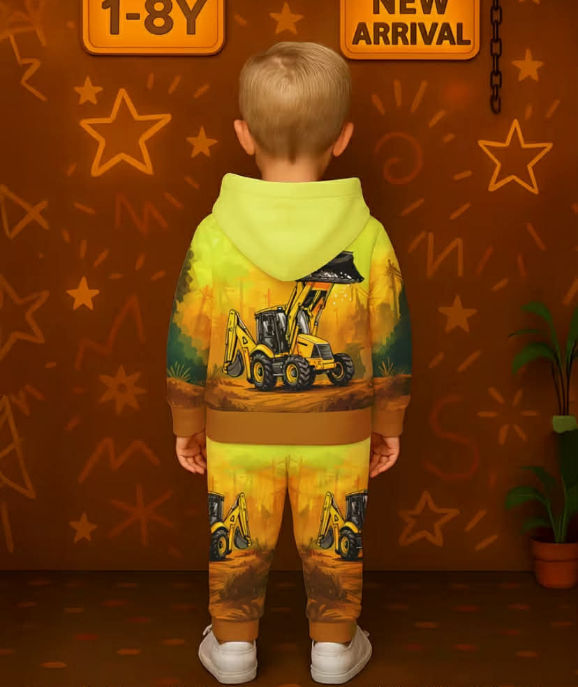 Hoodie Set for Boys Featuring a 3D Excavator Design, Perfect for Playtime And School. A Great Gift for Young Fans of Construction