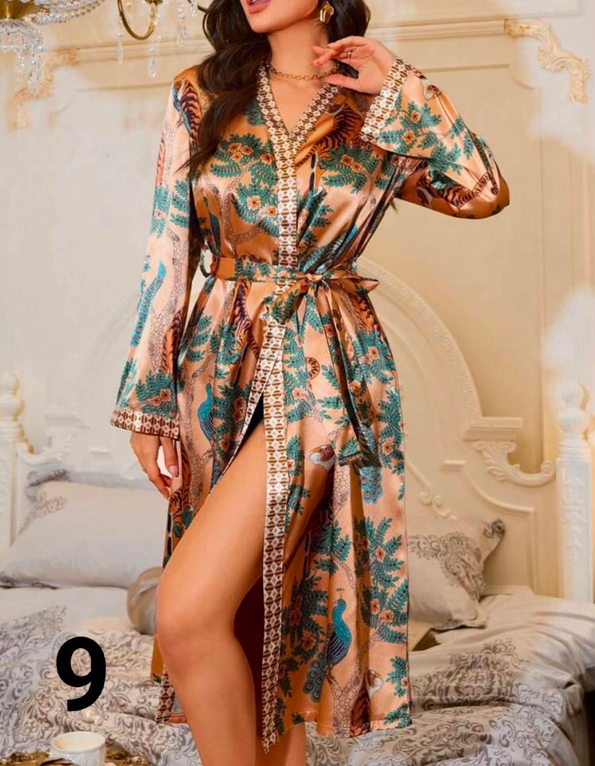1 pc Women's Elegant V-Neck Fall Print Pajamas - Soft Satin Nightgown.