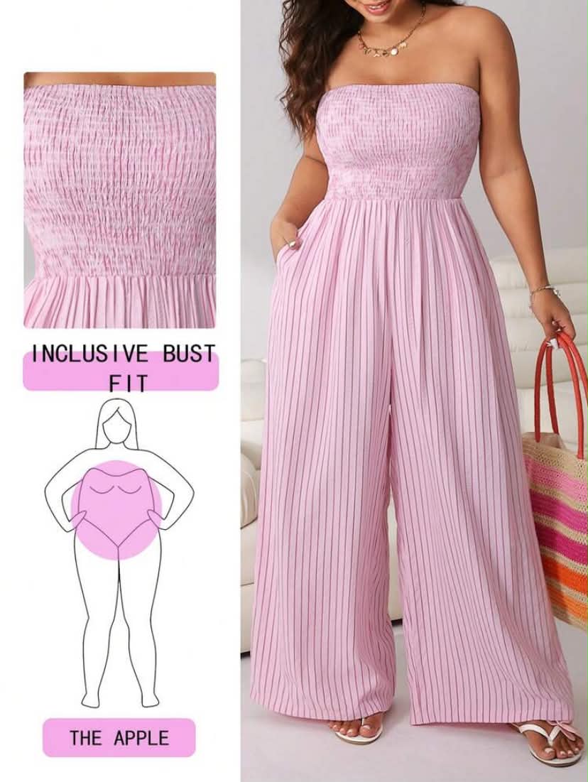 Plus Size Women's Backless Wide Leg Black & White Striped Jumpsuit, Plaid Ladies Summer Strapless Jumpsuit Striped Outfit,