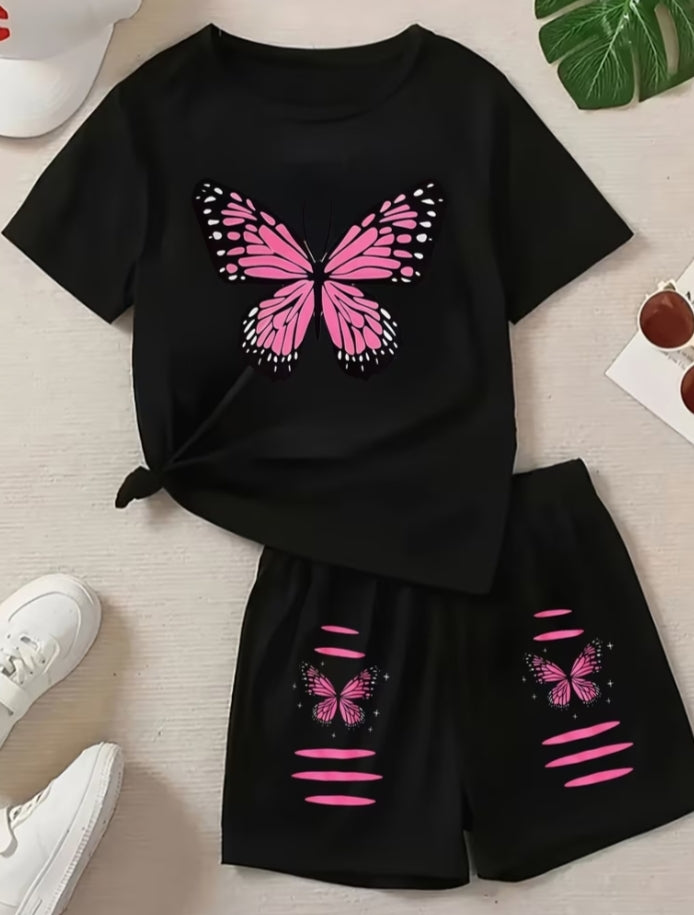 Creative "Striped Butterfly" Print Pattern, Summer Suit Trendy Girl Outfit, Soft Sports Casual Short-Sleeved Shorts