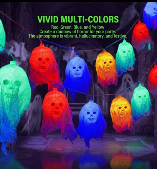 Halloween Skull String Lights - Battery-Powered with Colorful Glow, 8 Lighting Modes, Durable Plastic 10LED Skull/Pack Decor for Costume Parties,
