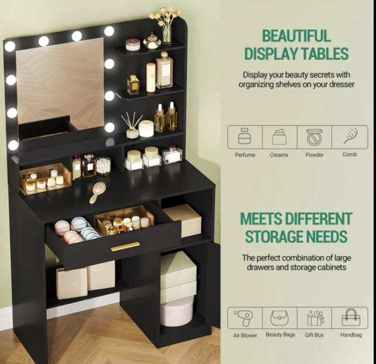 Dressing Table with Mirror And 10 LED Lights, Vanity Table, Makeup Vanity with 3 Shelves & 4 Open Compartments, Large Drawer & Cabinet, Adjustable Lighting Brightness, Black