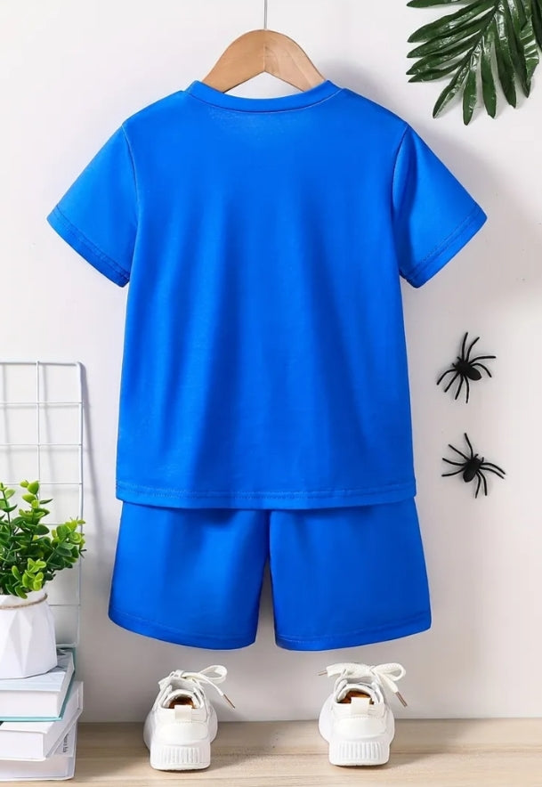 2 pcs/set Boys 3D Print Cartoon Spider Web Alphabet Design, Cool Blue T-shirt and Shorts, Fashionable Boys