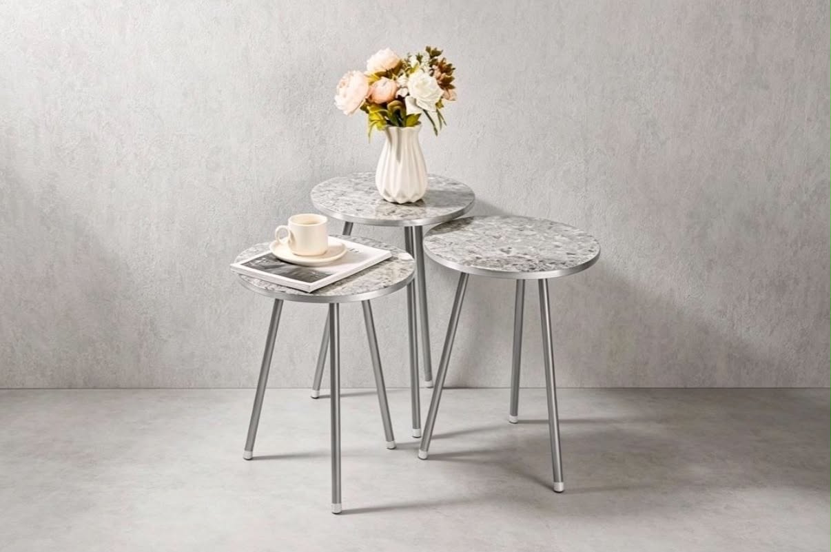 Set Of 3 End Tables For Living Room Round Stacking Side Tables Set Of 3 Accent Faux Marble top Bedroom Living Room Balcony Nesting Coffee Tables With Metal Legs –  (Silver)