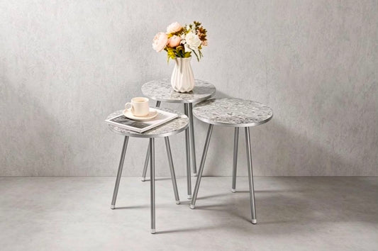 Set Of 3 End Tables For Living Room Round Stacking Side Tables Set Of 3 Accent Faux Marble top Bedroom Living Room Balcony Nesting Coffee Tables With Metal Legs –  (Silver)