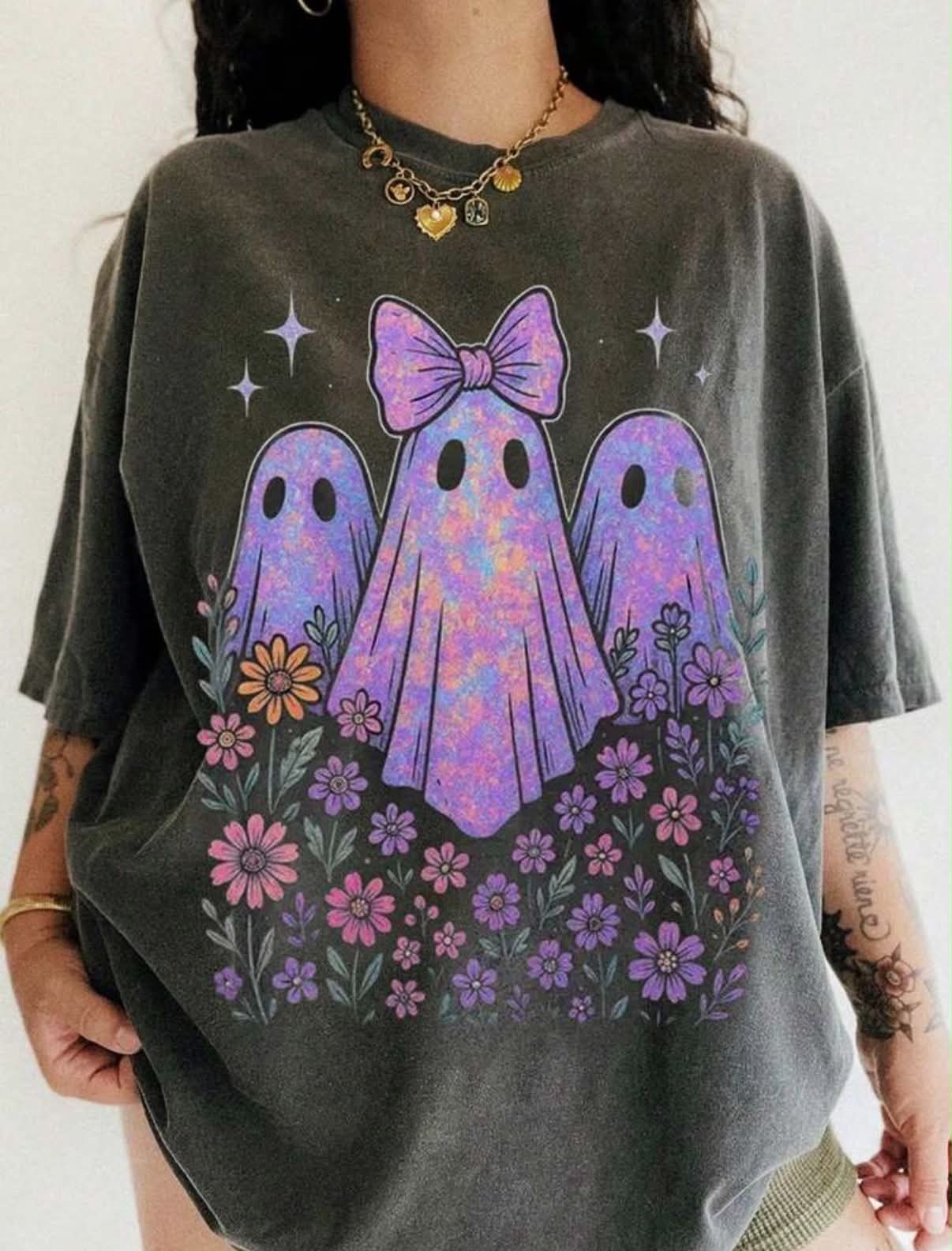 Plus Size Women Cute Ghost & Floral Print Halloween T-Shirt, Casual Round Neck Short Sleeve Tee,