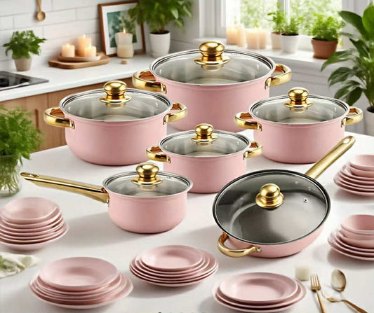 18pcs Pink Stainless Steel Cookware Set with Non-Stick Pans & Lids