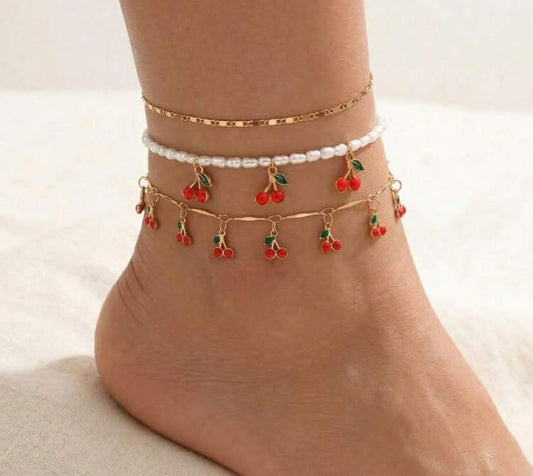 3pcs/Set Summer Vacation Style Sweet Cute Cherry Tassel Anklet, Fashionable Versatile Gold Chain Layered Faux Pearl Beaded Foot Jewelry