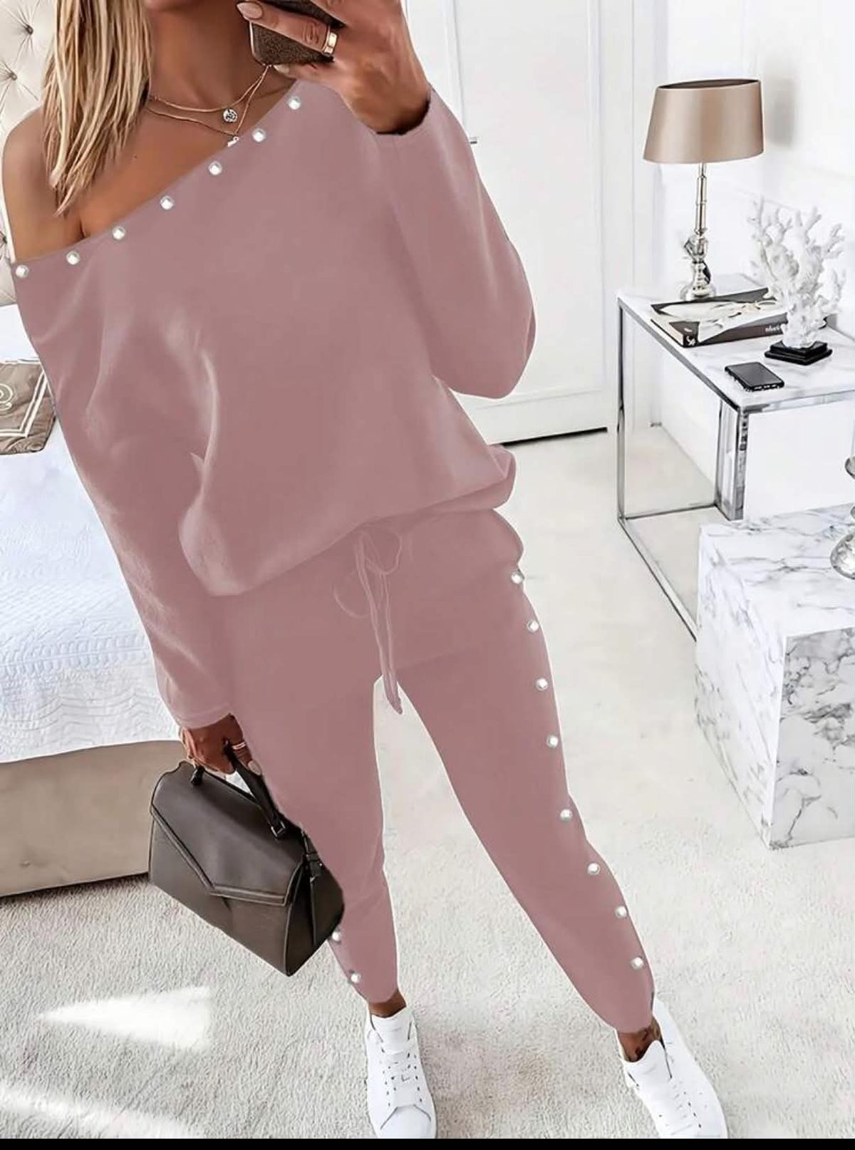 2pcs Women's Chic Casual Solid Color Long Sleeve Top And Pants Set Elegant