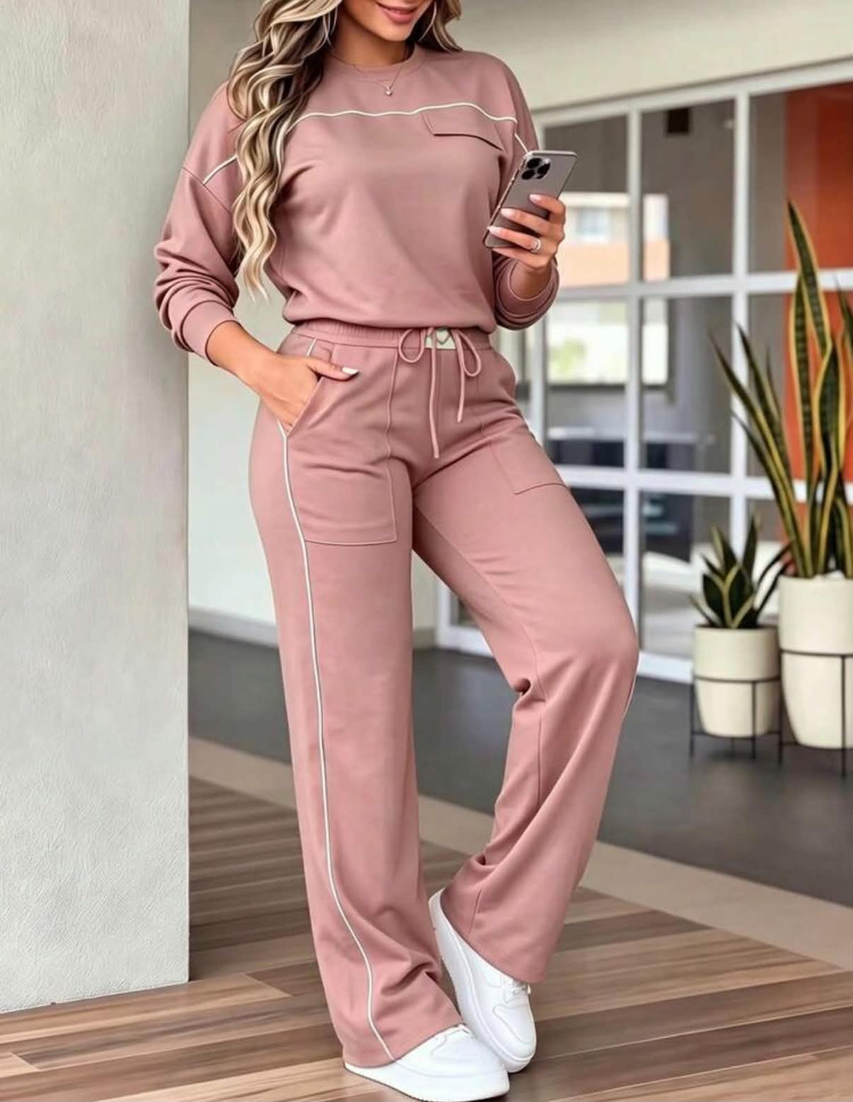 2 Pieces Set, Women's New Solid Color Minimalist Round Neck Long Sleeve Top And High Waist Straight Leg Pants