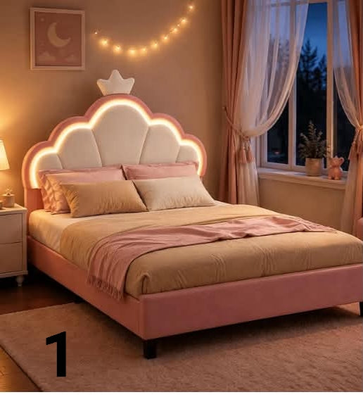 Girls Upholstered Bed Frame 90x190 cm with LED Lights, Kids Pink Cloud Shaped Bed Princess Bedroom Furniture for Small Room, Adjustable Headboard, Velvet (No Mattress) (Pink, 90x190 cm)
