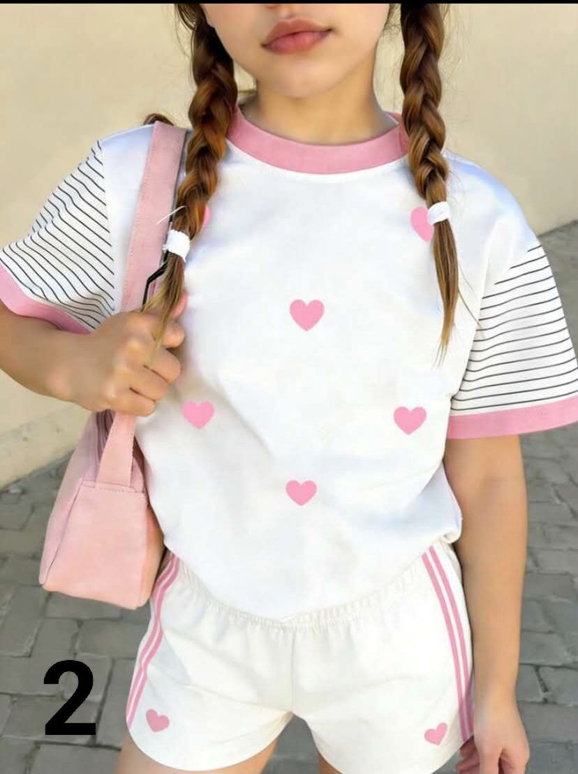 Set Spring And Summer Girls Casual Fashion Creative Fresh High-End Minimalist Hot Pink Floral, Leopard Print, Bow Knot, Funny Slogan Graphic Print Casual T-Shirt And Shorts Sets, Comfortable
