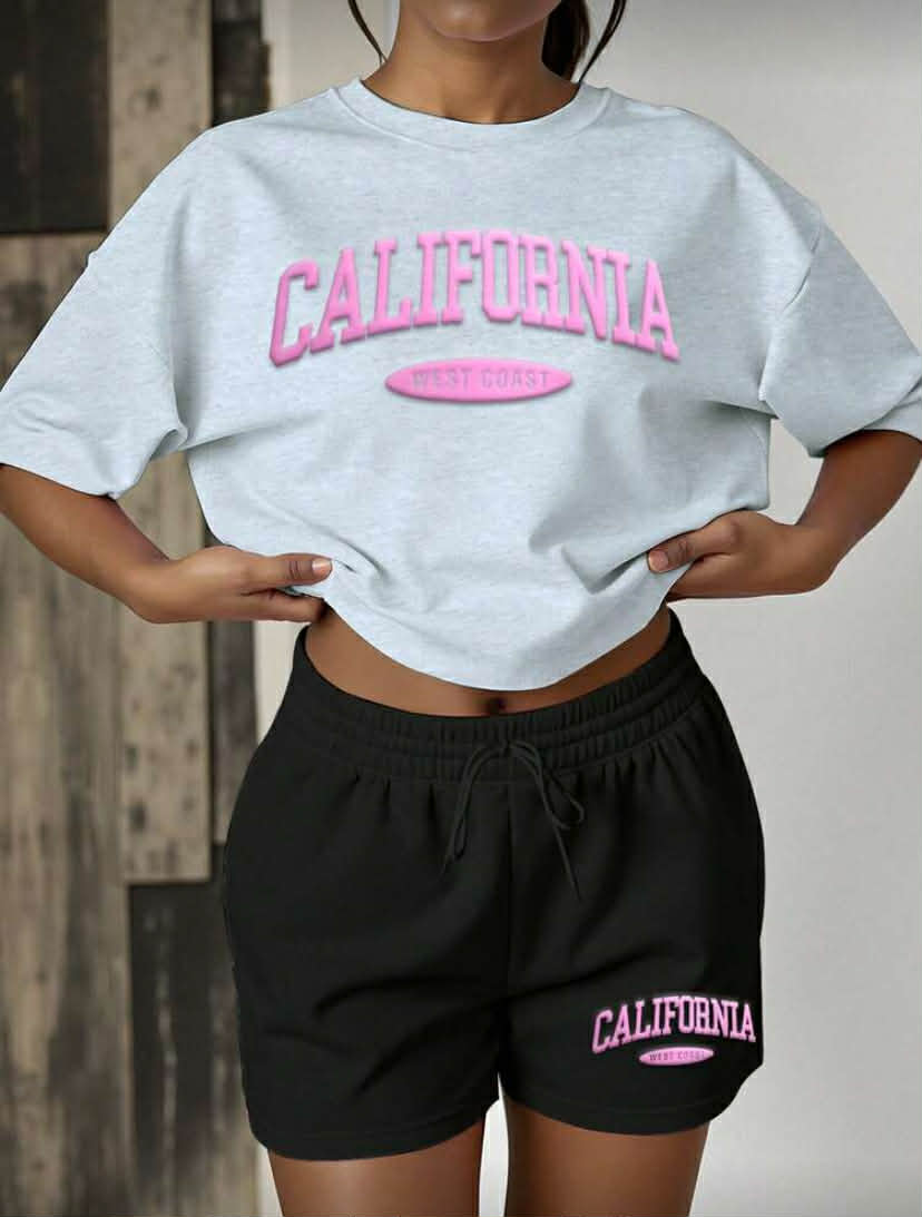 Women Casual Fashion Simple Daily Solid Color Letter Pattern Loose T-Shirt And Shorts 2 Pieces Set