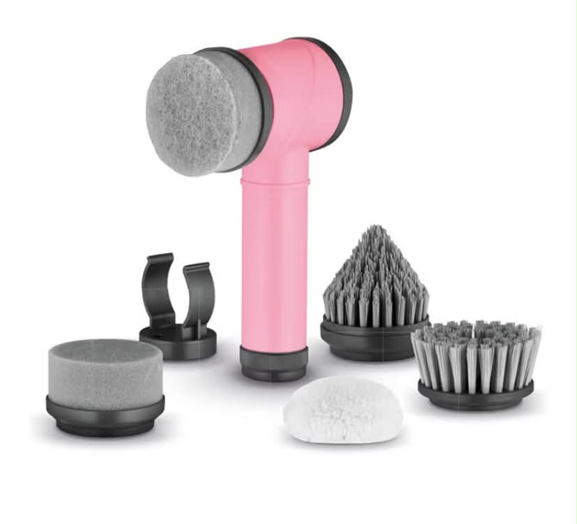 5-in-1 Cordless Spin Scrubber with 5 Cleaning Heads & Wall Holders, Rechargeable Scrubbing Brush, IPX5 Waterproof for Showers, Hobs & Tiles, Pink,