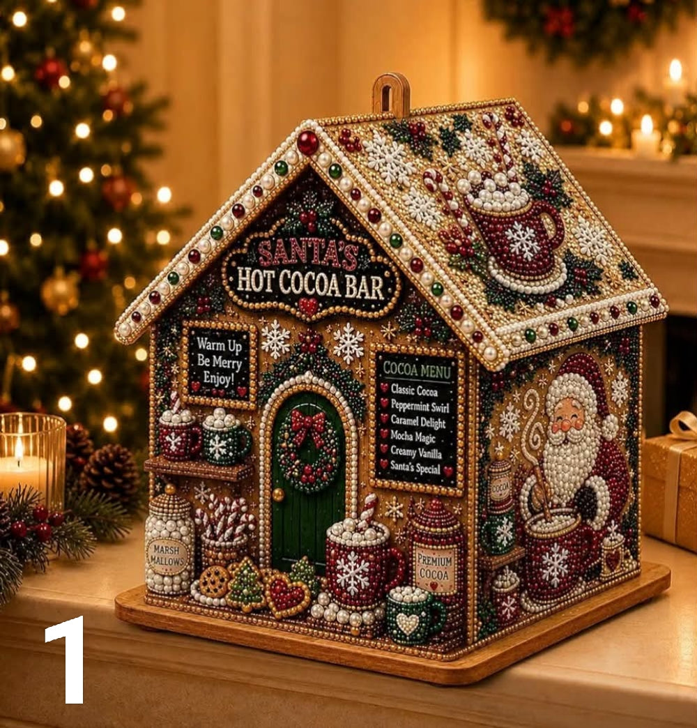3D Wooden House Christmas Diamond Art Kit for Adults, Christmas Crafts for Adults with Pearl Beads & Resin Gems