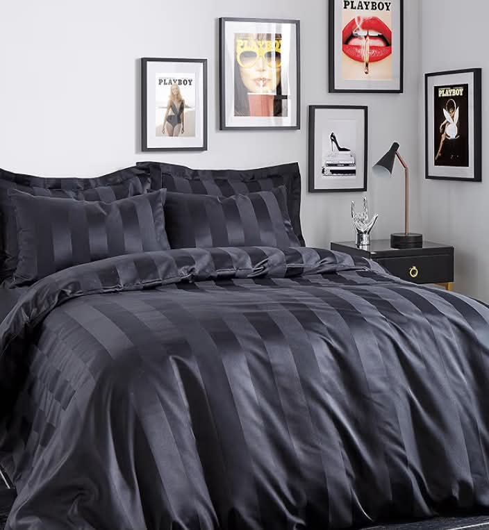 Sassy B Playboy Bedding Soft Satin Stripe Double Duvet Cover Set with Pillowcases
