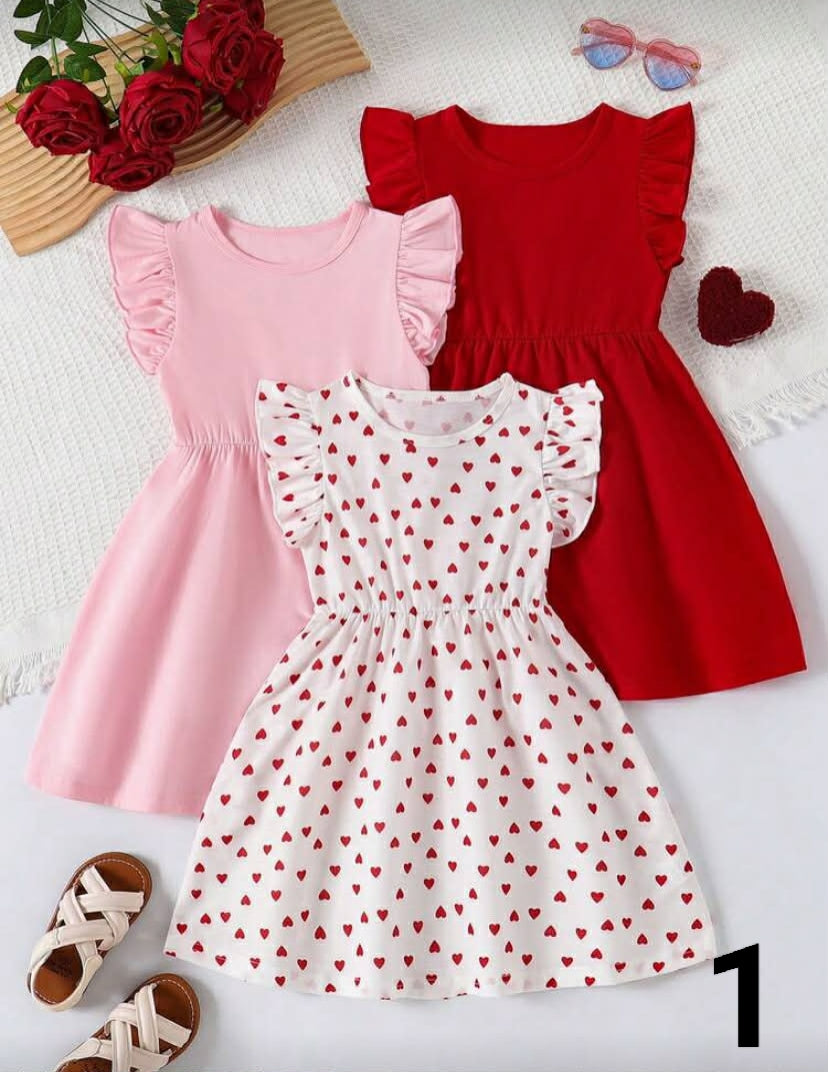 3pcs/Set Young Girls'  Summer Fashion Flutter Sleeve Heart Print + Solid Color Patchwork Casual Dress Outfit