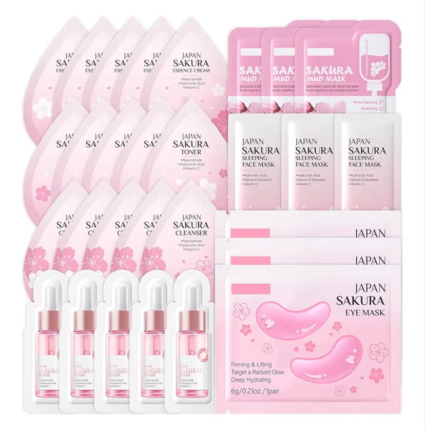 29 pcs Sakura Travel Skincare Set – Hydrating Face Care Kit with Cleanser, Toner, Serum, Essence Cream, Eye Masks, Sleeping Masks & Mud Masks