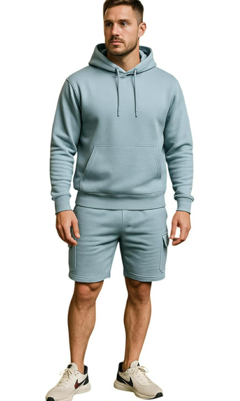 Men’s Tracksuit Set – Casual Pullover Hoodie & Cargo Shorts Co-ord Set Sports Gym Everyday Comfort Top & Bottom