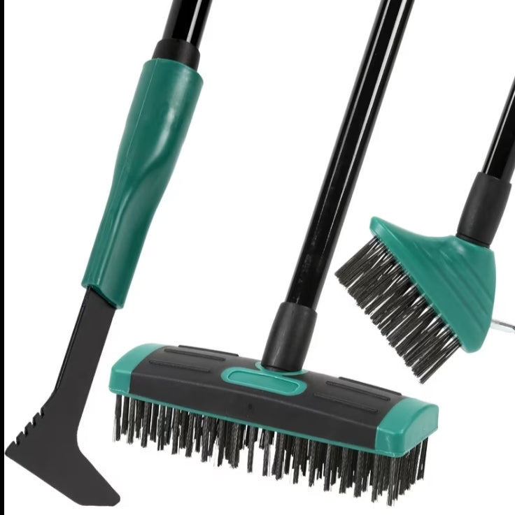 Taylor & Brown 4 in 1 Telescopic Weed Remover Brush Wire Head Paving Decking Clean Scrub Moss Weed Remover Tool Wire Brush Scraper Set with Metal Broom & Weed Removal Head Green