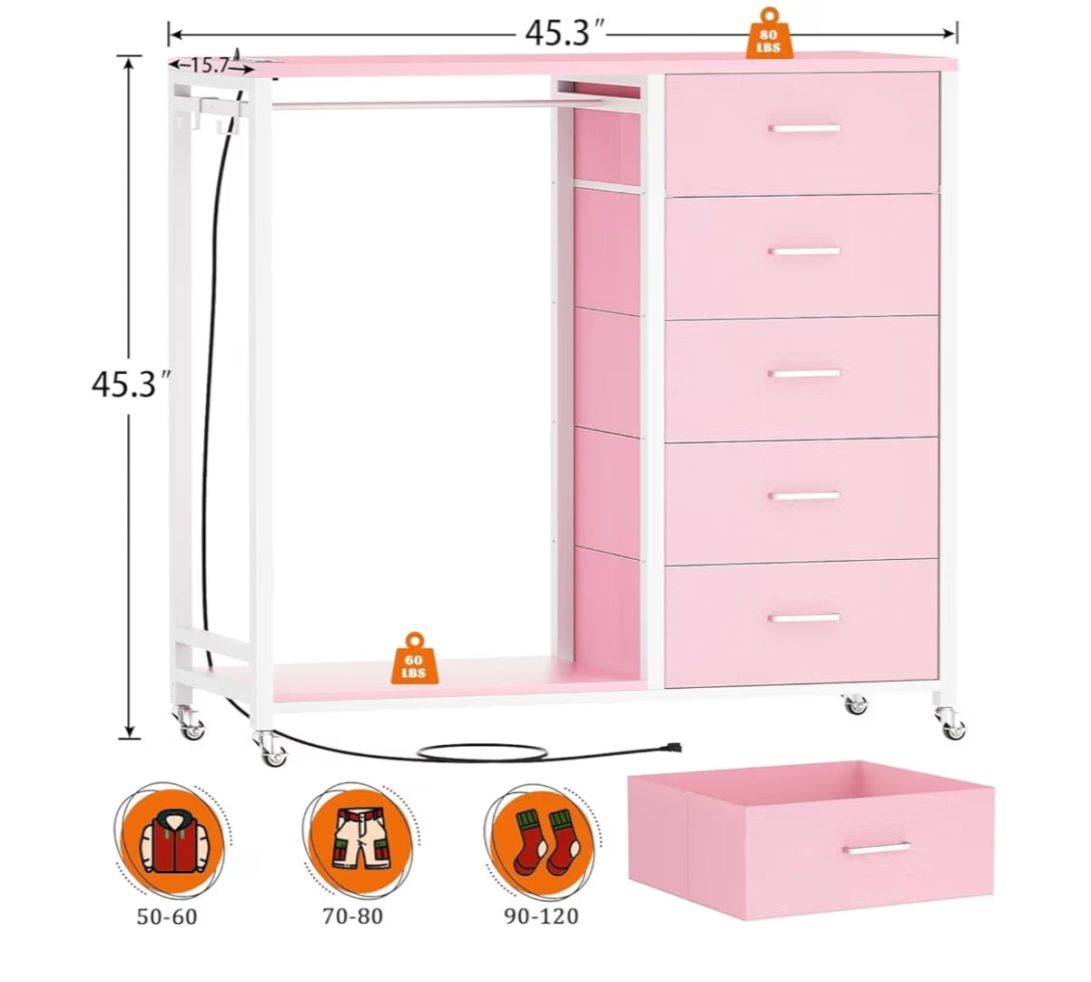 2 in 1 Chest of Drawers, Dresser for Bedroom,5 Fabric Drawers Dresser with LED Lights & Charging Station,Open Wardrobe with Clothes Rack,