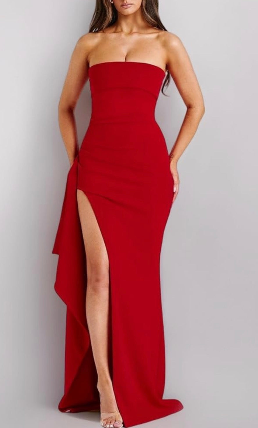 Womens Strapless Maxi Dress with Irregular Hem High Slit Ruched Elegant Evening Party Casual Long Dresses