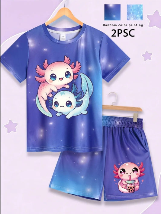 Adorable Axolotl Print, Summer Girls' Clothing for a Sweet and Innocent Style - Comfortable, Skin-friendly Digital All-over Print Casual Sport T-shirt Set for Boys and Girls, Random Digital Print, Delicate and Soft