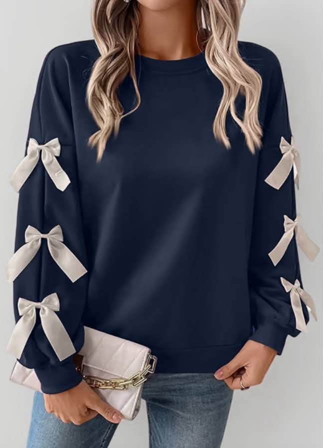 Women's Jumpers Long Sleeve Crewneck Pullover Sweatshirts with Ribbon on Sleeves Casual Loose Fit Fashion Ladies Top