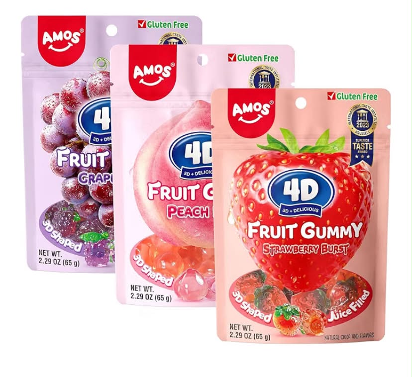 195G 4D Gummy Sweets Candy, 3 Flavors (Strawberry & Peach & Grape) Fruit Burst Sweet Candy, Center Fill Real Fruit Juice Sweets, Chews Snacks Sweet Party 3X 65G/Bag