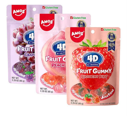 195G 4D Gummy Sweets Candy, 3 Flavors (Strawberry & Peach & Grape) Fruit Burst Sweet Candy, Center Fill Real Fruit Juice Sweets, Chews Snacks Sweet Party 3X 65G/Bag