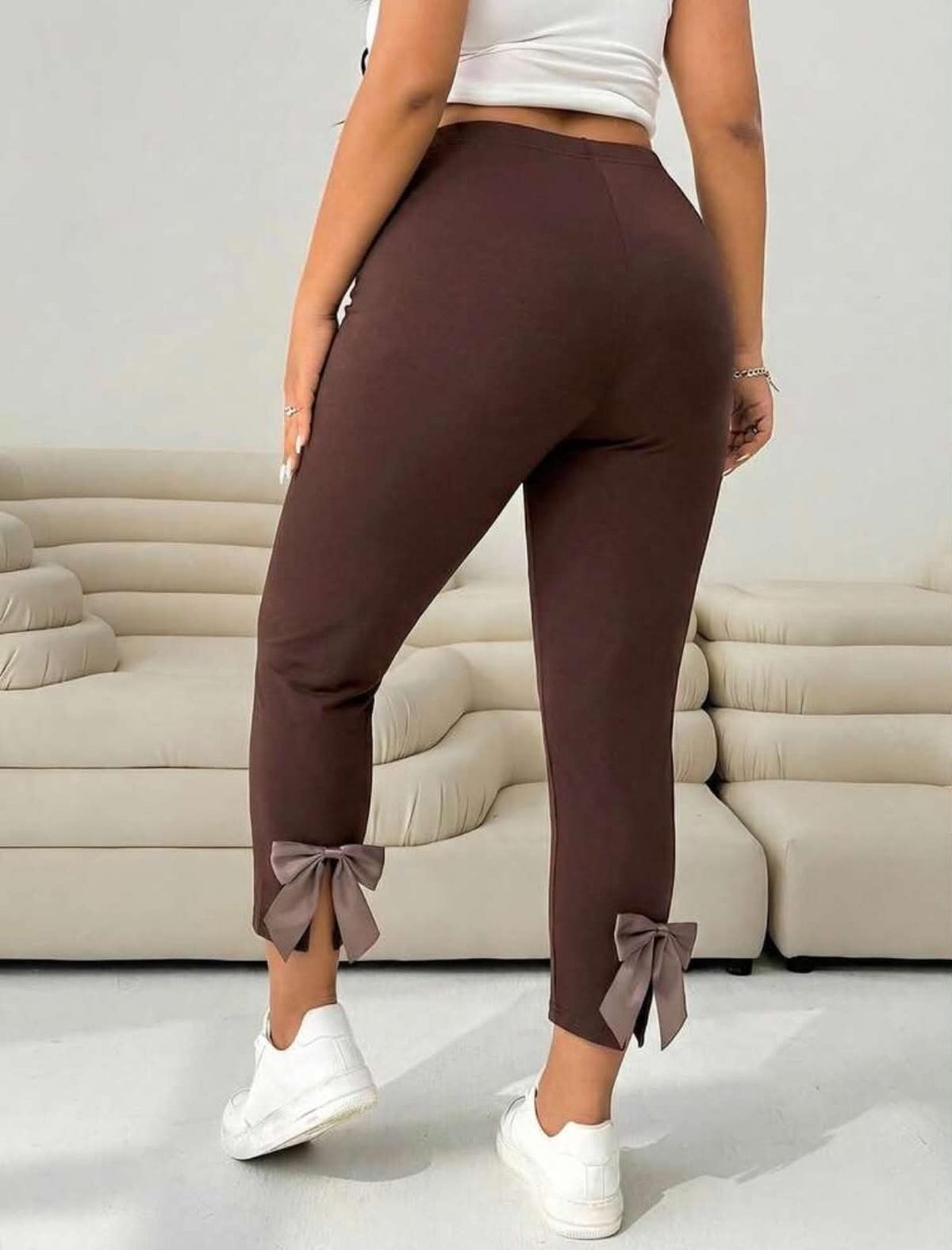 Plus Size Polka Dot Casual Slim Fit Pants With Bow Decor, Versatile