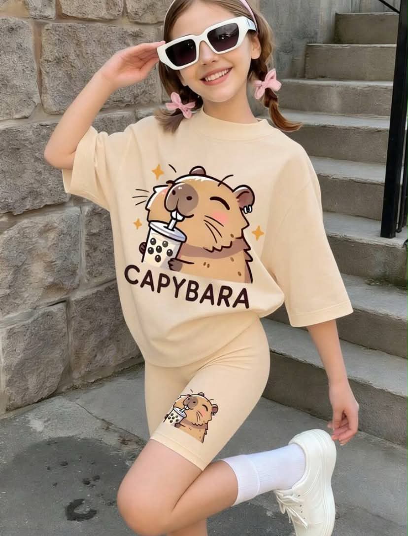 2 pcs Girls Casual Outfit, Cute Capybara Drinking Bubble Tea Print Loose T-Shirt