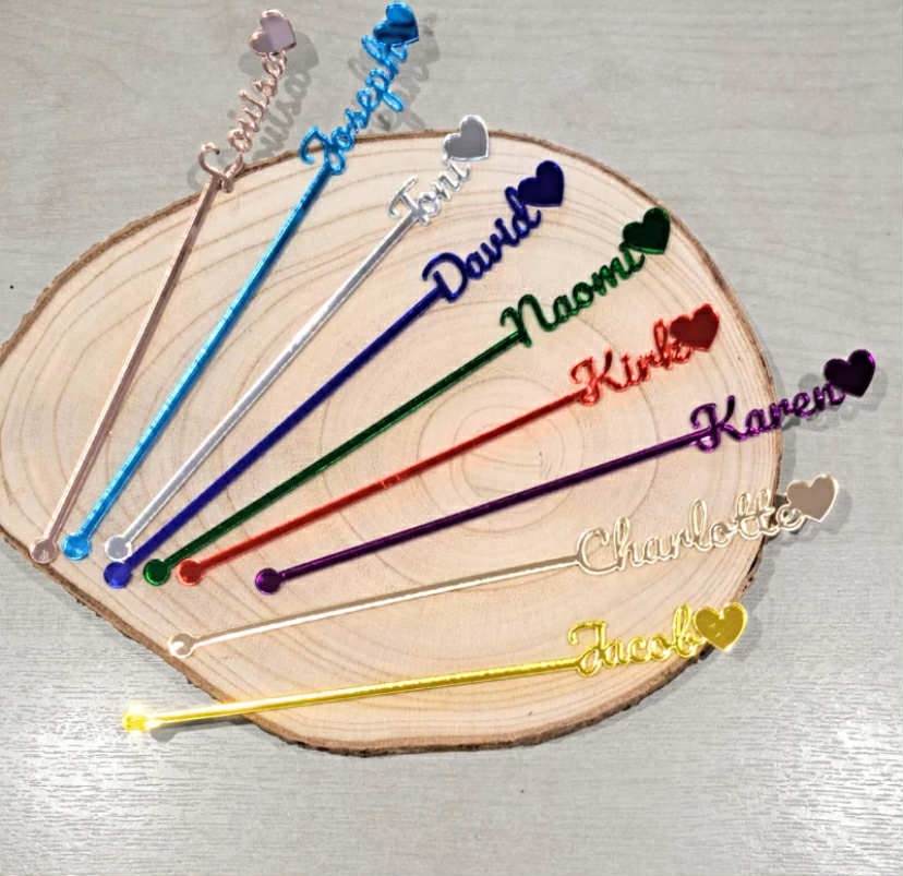 Personalised Drink Stirrers, Heart Cocktail Drinks Stirrers, Wedding Table Decor.   (X3)