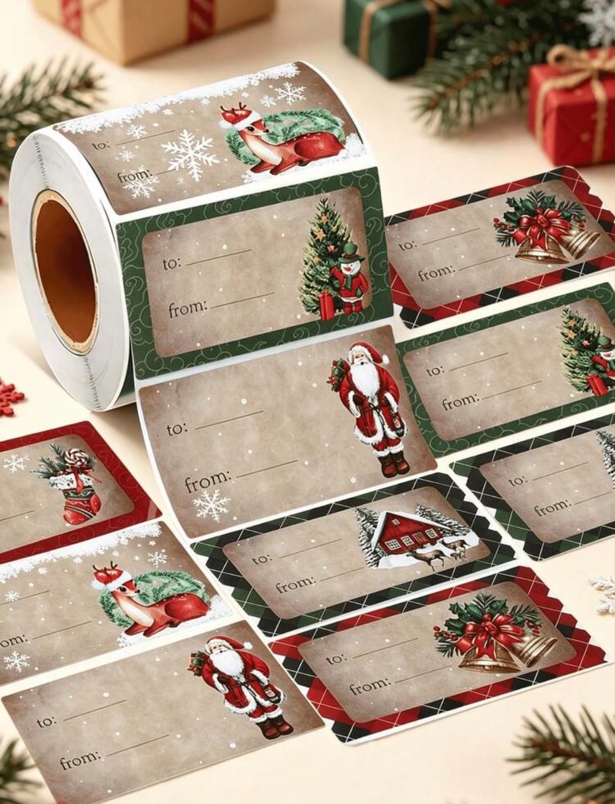 200pcs/Roll Vintage Christmas Rectangular Gift Label Stickers, Christmas Gift Packaging