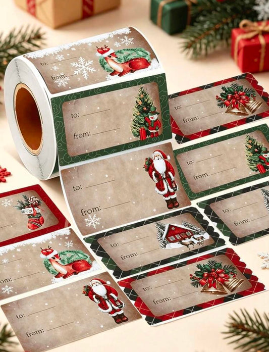 200pcs/Roll Vintage Christmas Rectangular Gift Label Stickers, Christmas Gift Packaging