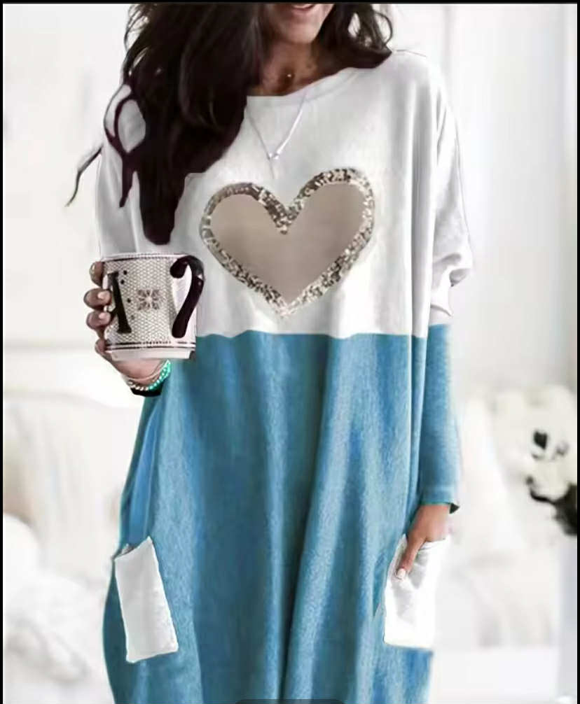 Love Printed Round Neck Loose Color Contrast Long Sleeve T-Shirt Women
