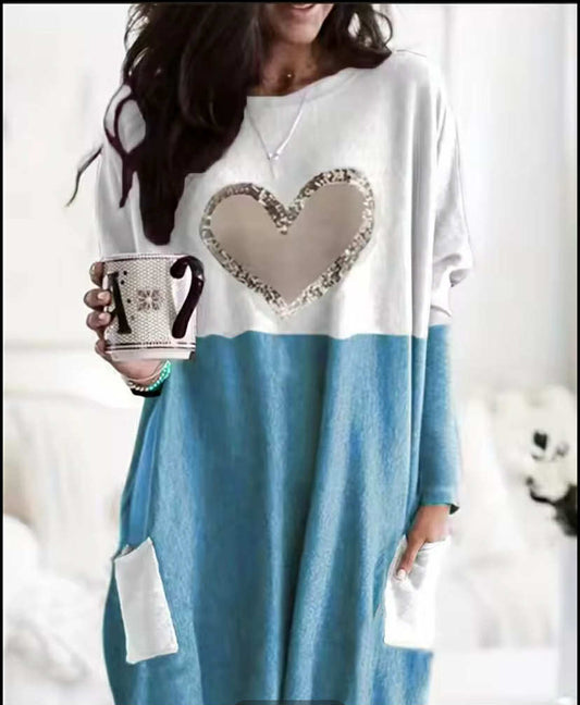 Love Printed Round Neck Loose Color Contrast Long Sleeve T-Shirt Women