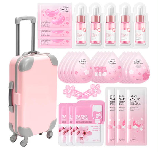 Skincare Set Girls Gifts - 32Pcs Milk Skin Care Sets & Kits for Teens - Skin Care Kit for Women Kids Teenage Girls Cherry Blossom- Cleanser, Toner, Serum for 5 Days Travel