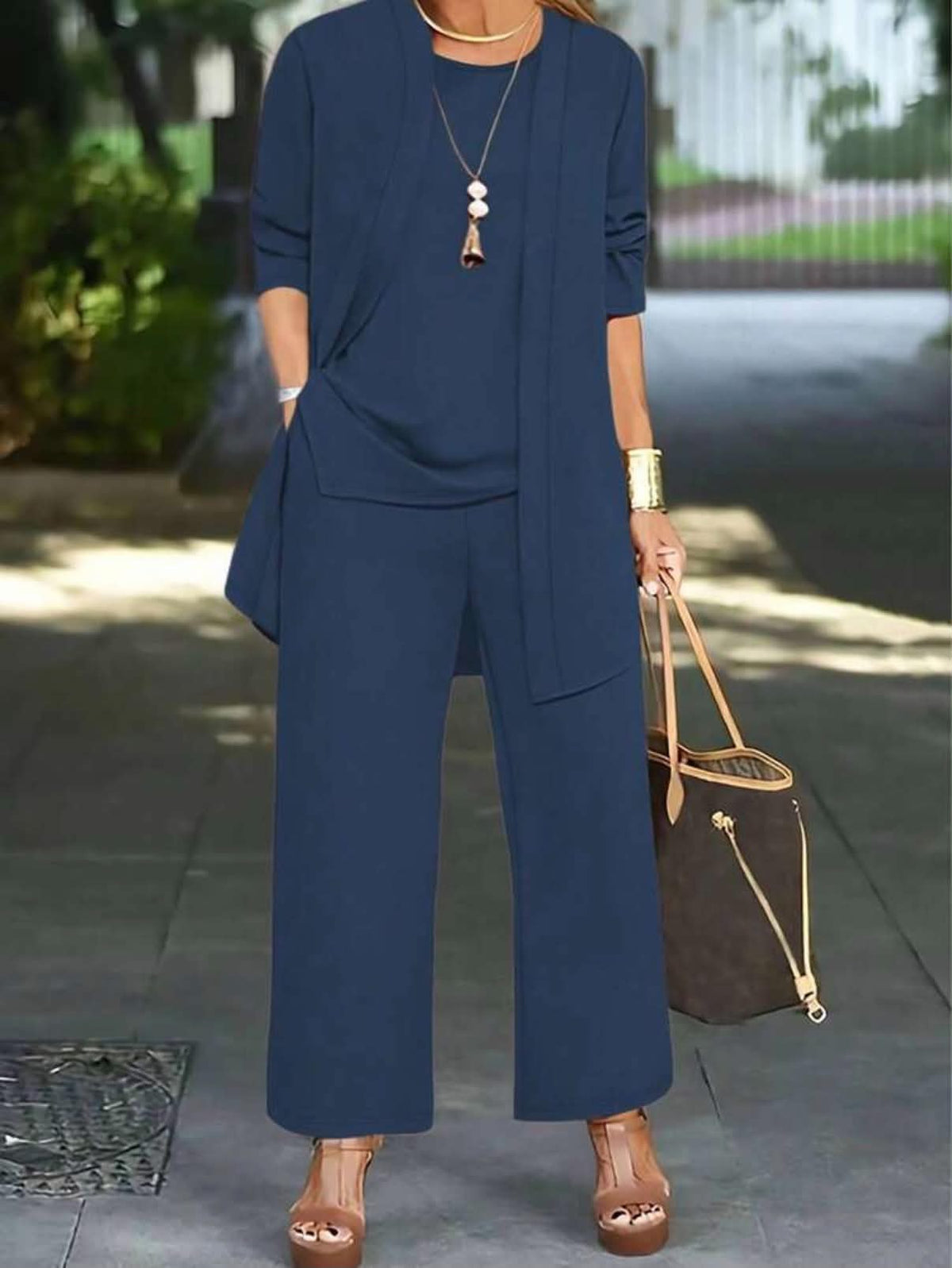 3pcs Women Casual Solid Color Outfit Set: Jacket/Cardigan + Round Neck Sleeveless Top + Elastic Waist Straight Leg Pants Elegant