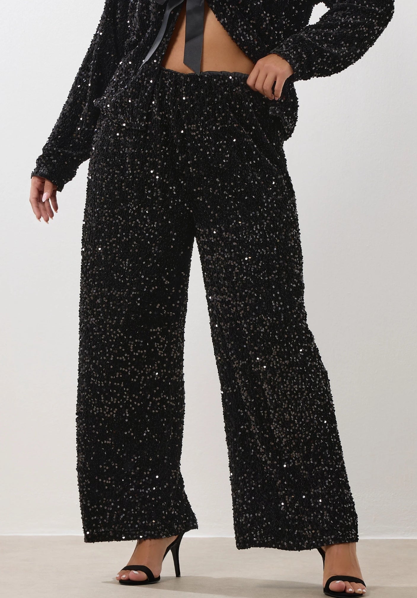 Curve Black Sequin Wide Leg Trousers
