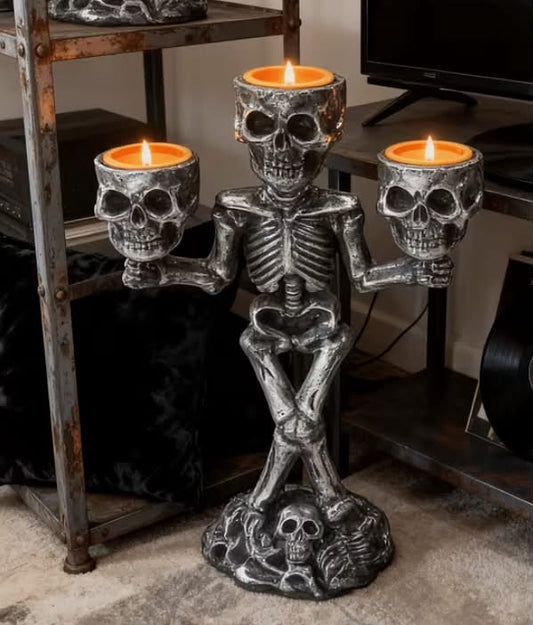 1 pc 3-Skull Candlestick Skeleton Resin Ornament, Distressed Silvery Black Vintage Texture, Humanoid Crossbone Design,