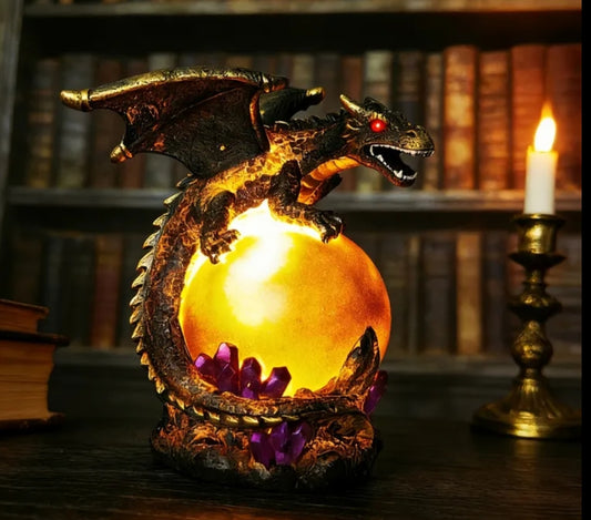 1 Fantasy Dragon Orb Lamp  Medieval Gothic Resin Statue Decor with Glowing Crystal Ball, LED Ambient Light.