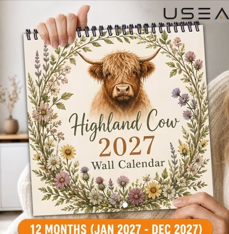 2027 Square Wall Calendar 12 Months Jan 2027-Dec 2027 Twin Wire Spiral Hanging, Highland Cow Botanical Wildflower Boho Farmhouse