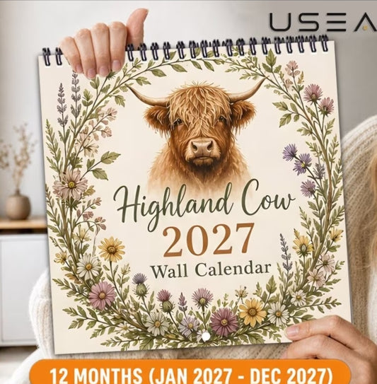 2027 Square Wall Calendar 12 Months Jan 2027-Dec 2027 Twin Wire Spiral Hanging, Highland Cow Botanical Wildflower Boho Farmhouse
