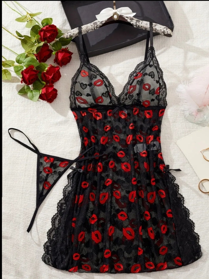 Sexy Sheer Lip Print Embroidered Slit Camisole Dress Set