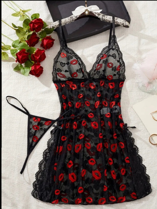Sexy Sheer Lip Print Embroidered Slit Camisole Dress Set