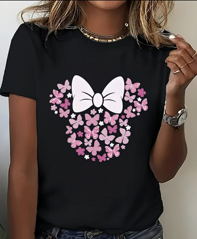 1pc Women'S Floral Butterfly Bow Print T-Shirt, Casual Crew Neck Short Sleeve Top, Fashionable Sports Tee with Medium Stretch Fabric