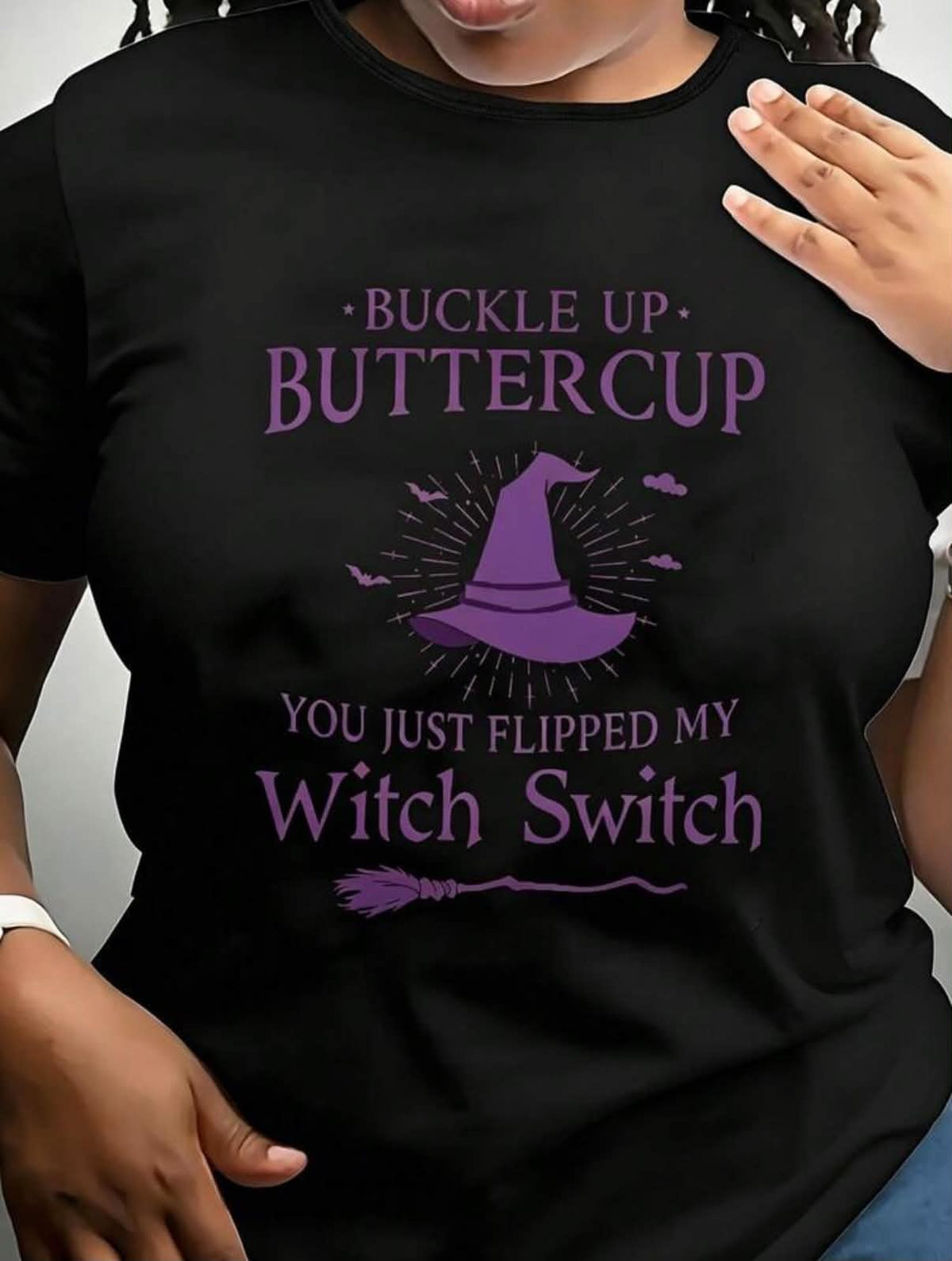 100% Cotton Ladies Crew Neck T-Shirt, Witch Hat Broom Letter Graphic Short Sleeve Tee, Funny Witch Slogan Casual Halloween Loose Top