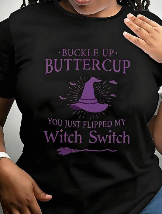 100% Cotton Ladies Crew Neck T-Shirt, Witch Hat Broom Letter Graphic Short Sleeve Tee, Funny Witch Slogan Casual Halloween Loose Top